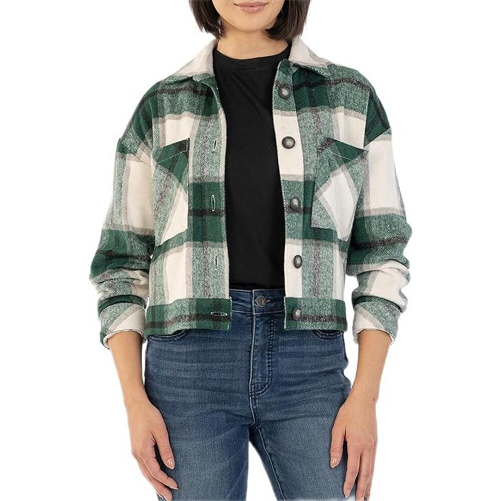 KUT from the Kloth Luciana Crop Jacket Women's Small Green Plaid Drop Shoulder
